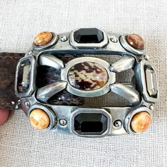 Vintage Fahrenheit Brown Black Leather Belt Large Jewel Buckle Rich Auntie M - Picture 2 of 11